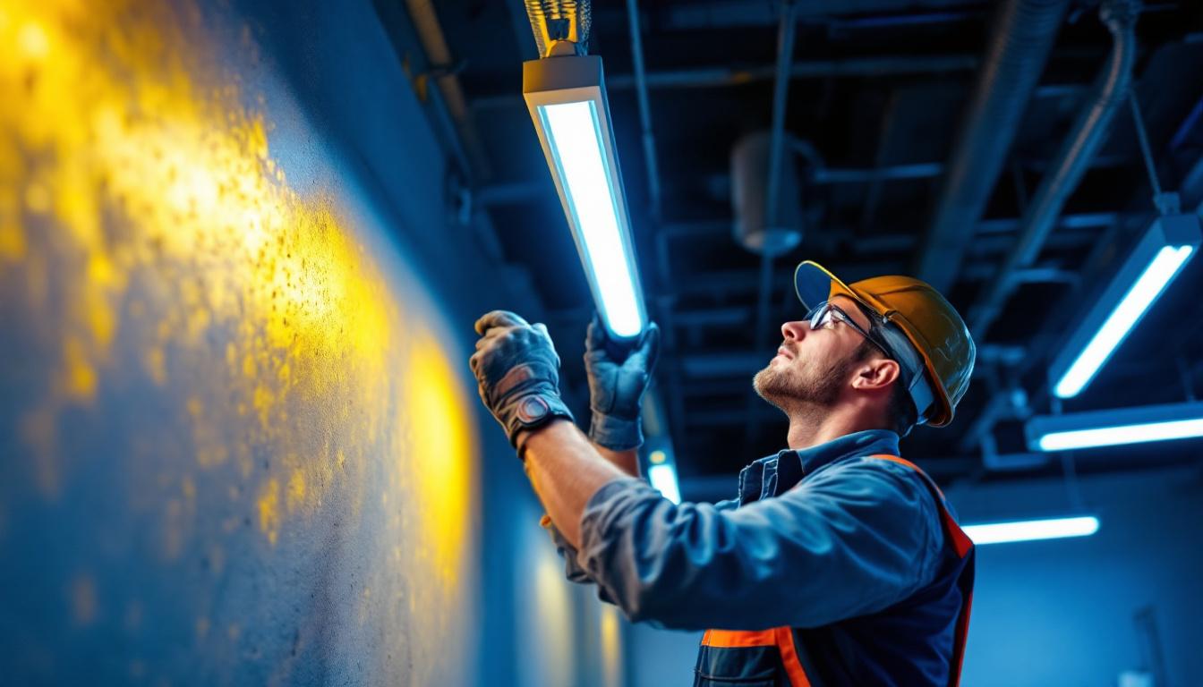A photograph of a modern lighting contractor installing a sleek fluorescent lighting fixture in a commercial space