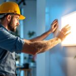A photograph of a lighting contractor expertly installing or adjusting a sleek 2x2 led panel in a modern workspace