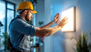 A photograph of a lighting contractor expertly installing or adjusting a sleek 2x2 led panel in a modern workspace