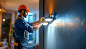 A photograph of a lighting contractor installing or showcasing a set of sleek 6-inch led lights in a modern residential or commercial setting