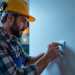 A photograph of a skilled lighting contractor installing an outlet switch combo in a modern home setting