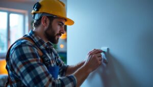 A photograph of a skilled lighting contractor installing an outlet switch combo in a modern home setting