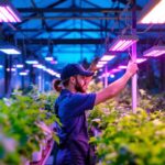 A photograph of a vibrant greenhouse filled with thriving plants illuminated by various types of grow lights