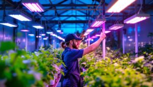 A photograph of a vibrant greenhouse filled with thriving plants illuminated by various types of grow lights
