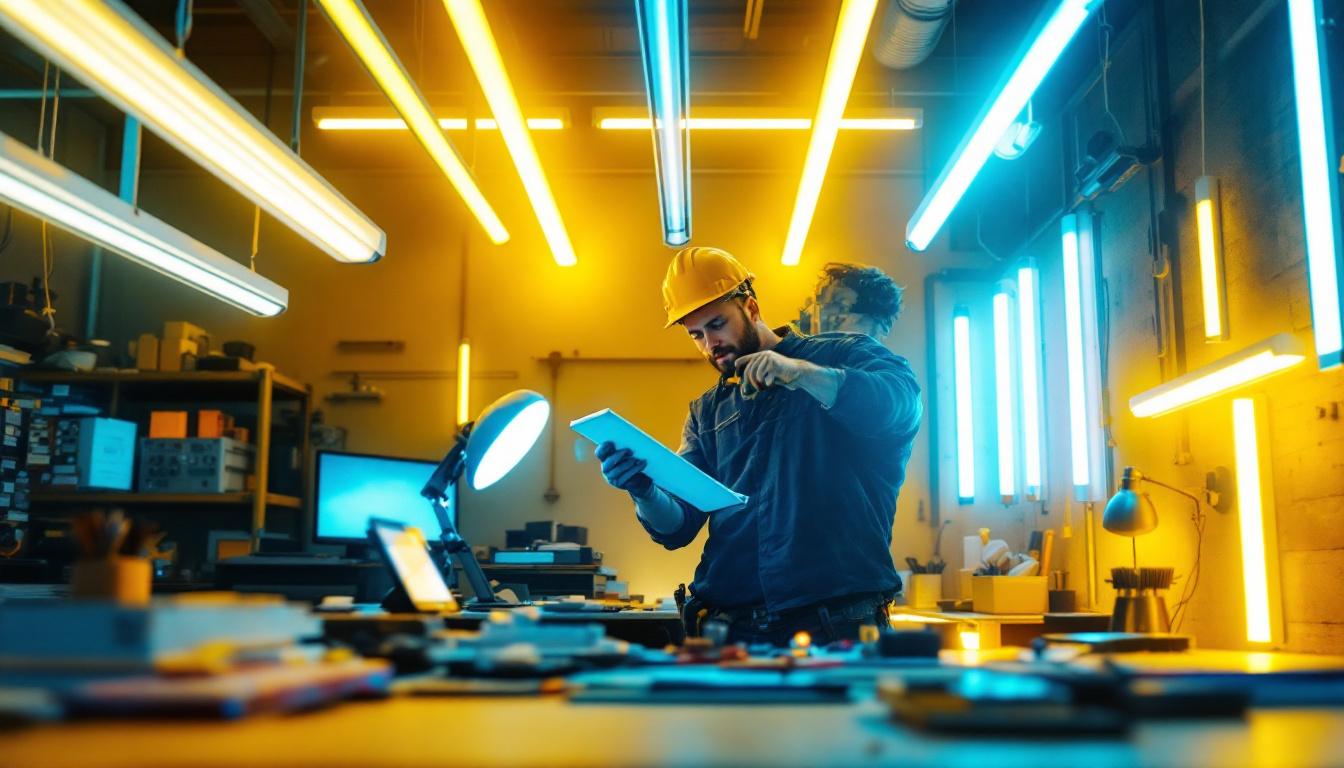 A photograph of a well-lit workspace featuring a variety of fluorescent strip lights in different styles and applications