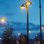 A photograph of a well-lit street scene featuring various types of street poles