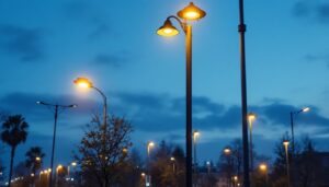 A photograph of a well-lit street scene featuring various types of street poles