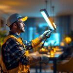 A photograph of a lighting contractor installing motion led lights in a residential setting