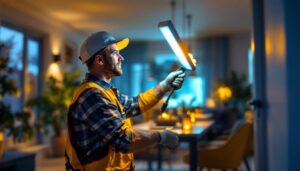 A photograph of a lighting contractor installing motion led lights in a residential setting