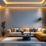 A photograph of a stylishly designed living space featuring recessed can light inserts