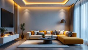 A photograph of a stylishly designed living space featuring recessed can light inserts