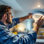 A photograph of a skilled lighting contractor installing 4-inch recessed lighting trim in a modern interior space