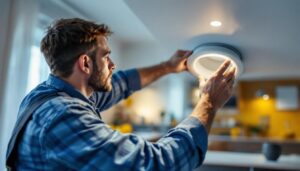 A photograph of a skilled lighting contractor installing 4-inch recessed lighting trim in a modern interior space