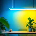 A photograph of a brightly lit fluorescent fixture in a modern workspace