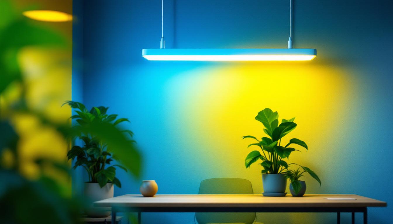 A photograph of a brightly lit fluorescent fixture in a modern workspace