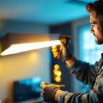 A photograph of a lighting contractor installing an 8 led strip light fixture in a modern interior setting