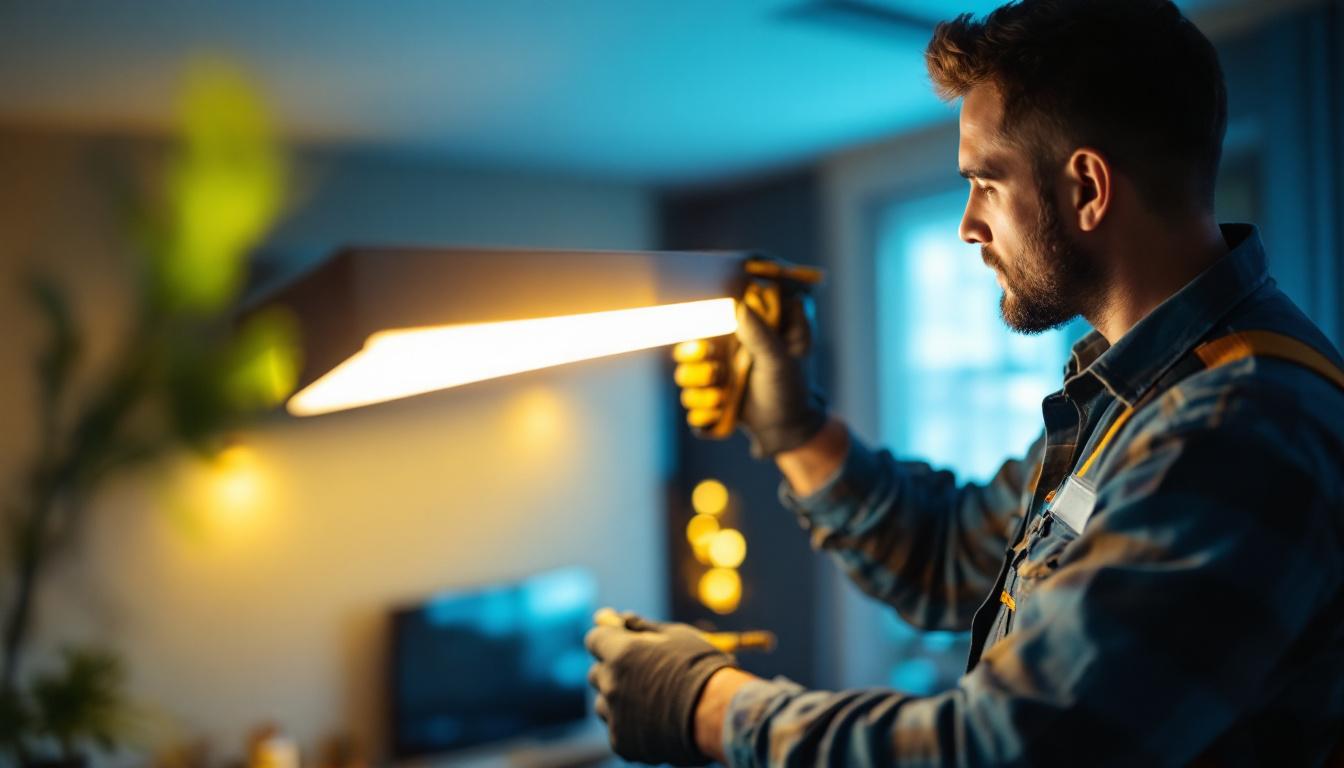 A photograph of a lighting contractor installing an 8 led strip light fixture in a modern interior setting