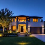 A photograph of a beautifully illuminated exterior of a modern home at dusk