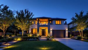 A photograph of a beautifully illuminated exterior of a modern home at dusk
