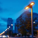 A photograph of a modern pole street light illuminating a vibrant urban street scene at dusk