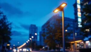 A photograph of a modern pole street light illuminating a vibrant urban street scene at dusk