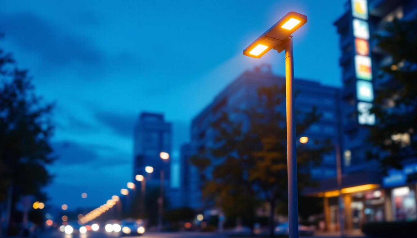 A photograph of a modern pole street light illuminating a vibrant urban street scene at dusk