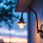 A photograph of a beautifully designed gooseneck exterior light fixture installed on a charming building facade at dusk