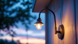A photograph of a beautifully designed gooseneck exterior light fixture installed on a charming building facade at dusk