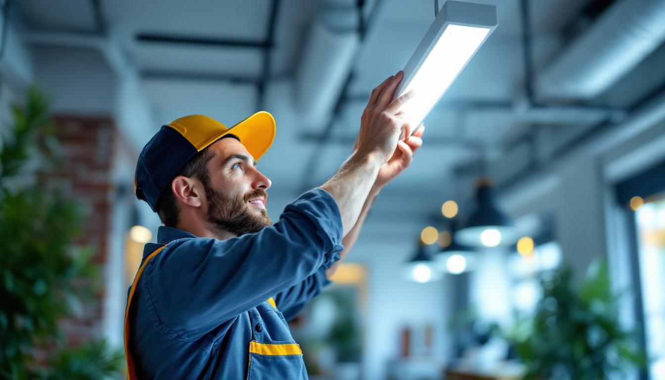 A photograph of a lighting contractor expertly installing a sleek