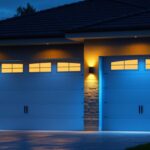 A photograph of a well-lit exterior garage showcasing stylish led lights in use during dusk