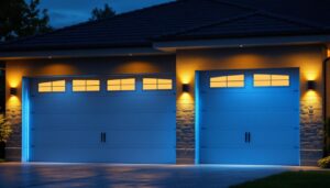 A photograph of a well-lit exterior garage showcasing stylish led lights in use during dusk