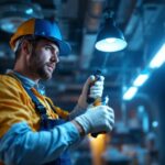 A photograph of a lighting contractor in action