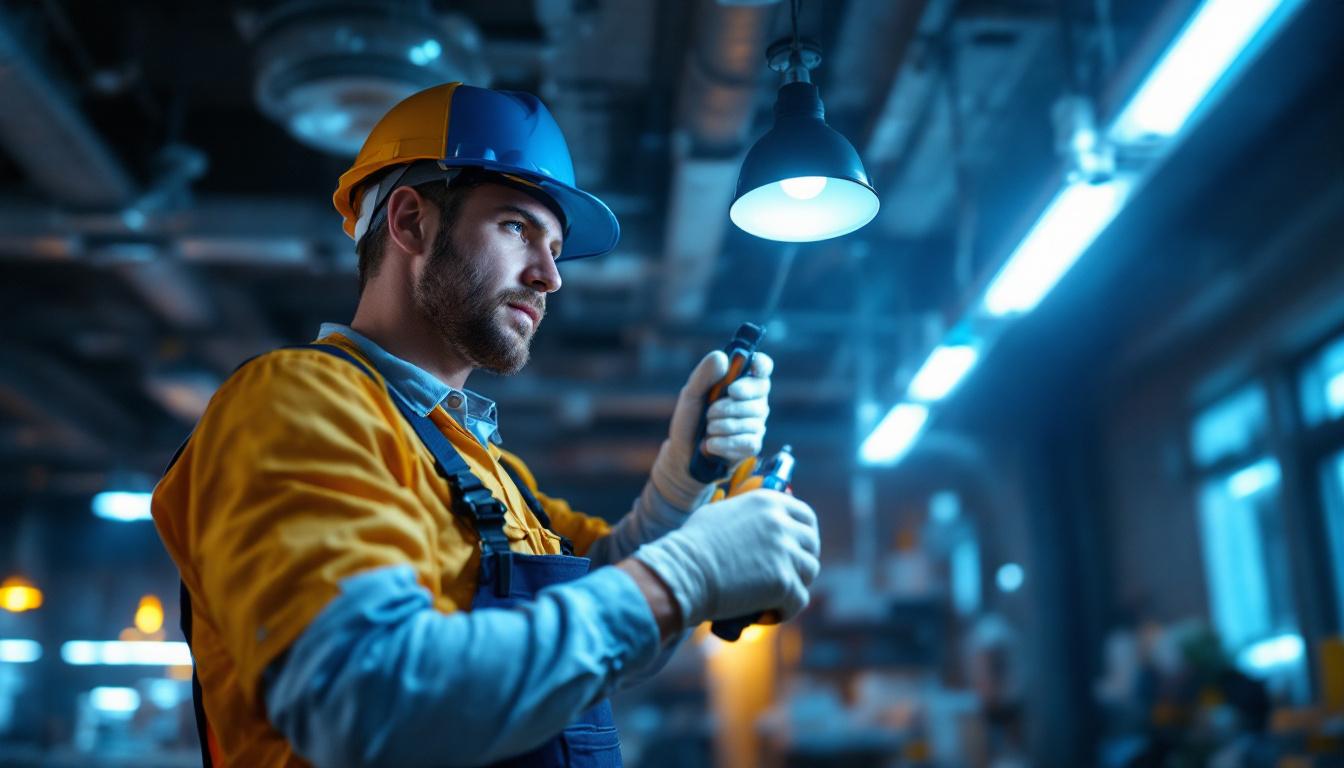 A photograph of a lighting contractor in action