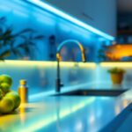 A photograph of a beautifully illuminated kitchen or workspace featuring under the counter strip lights