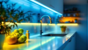 A photograph of a beautifully illuminated kitchen or workspace featuring under the counter strip lights