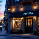 A photograph of a well-lit exterior shop environment during twilight