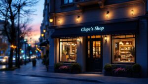 A photograph of a well-lit exterior shop environment during twilight