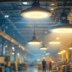 A photograph of a modern industrial space illuminated by ufo led high bay lights
