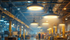 A photograph of a modern industrial space illuminated by ufo led high bay lights