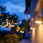 A photograph of a beautifully illuminated outdoor space featuring motion-activated light fixtures in action