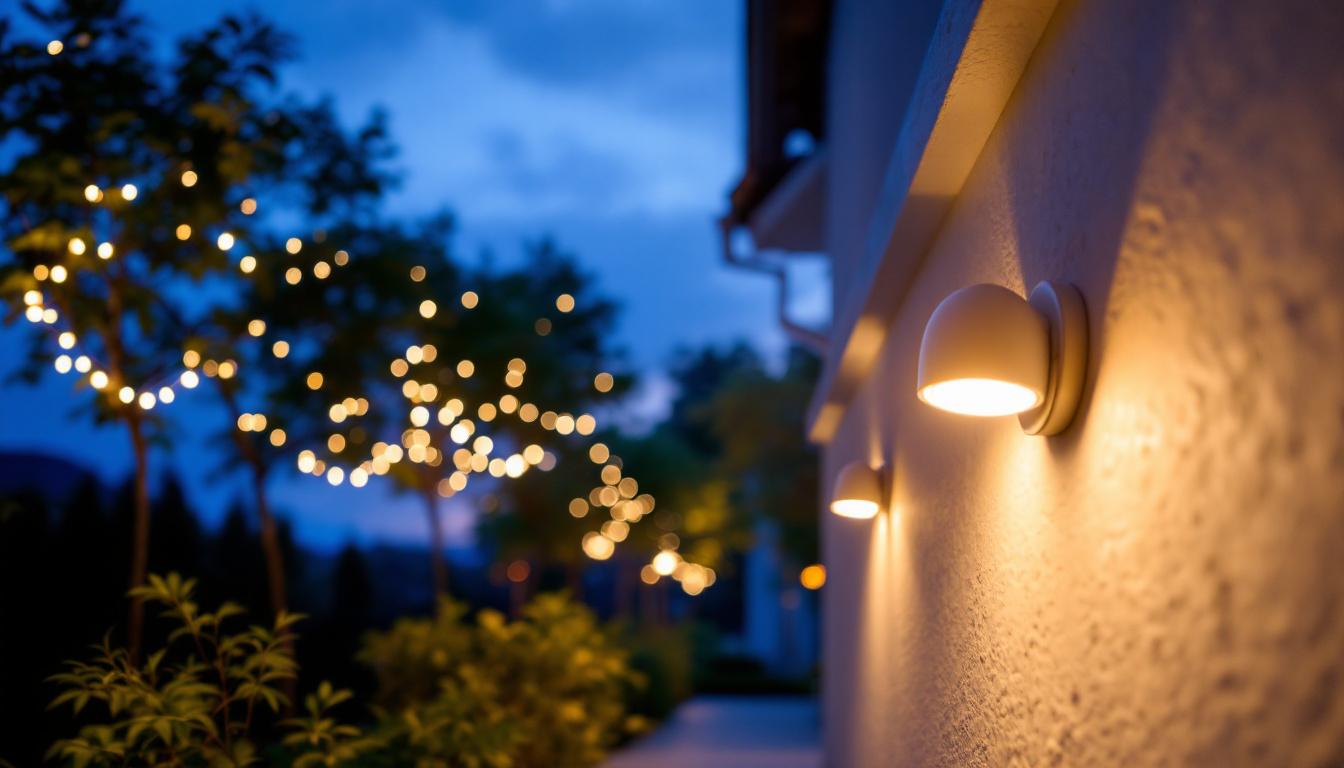 A photograph of a beautifully illuminated outdoor space featuring motion-activated light fixtures in action