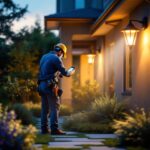 A photograph of a lighting contractor installing or adjusting outdoor lights equipped with modern sensors in a beautifully landscaped garden or backyard setting