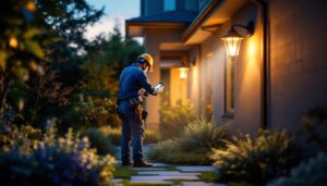 A photograph of a lighting contractor installing or adjusting outdoor lights equipped with modern sensors in a beautifully landscaped garden or backyard setting