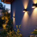A photograph of a well-lit outdoor space showcasing solar wall lights with sensors in action