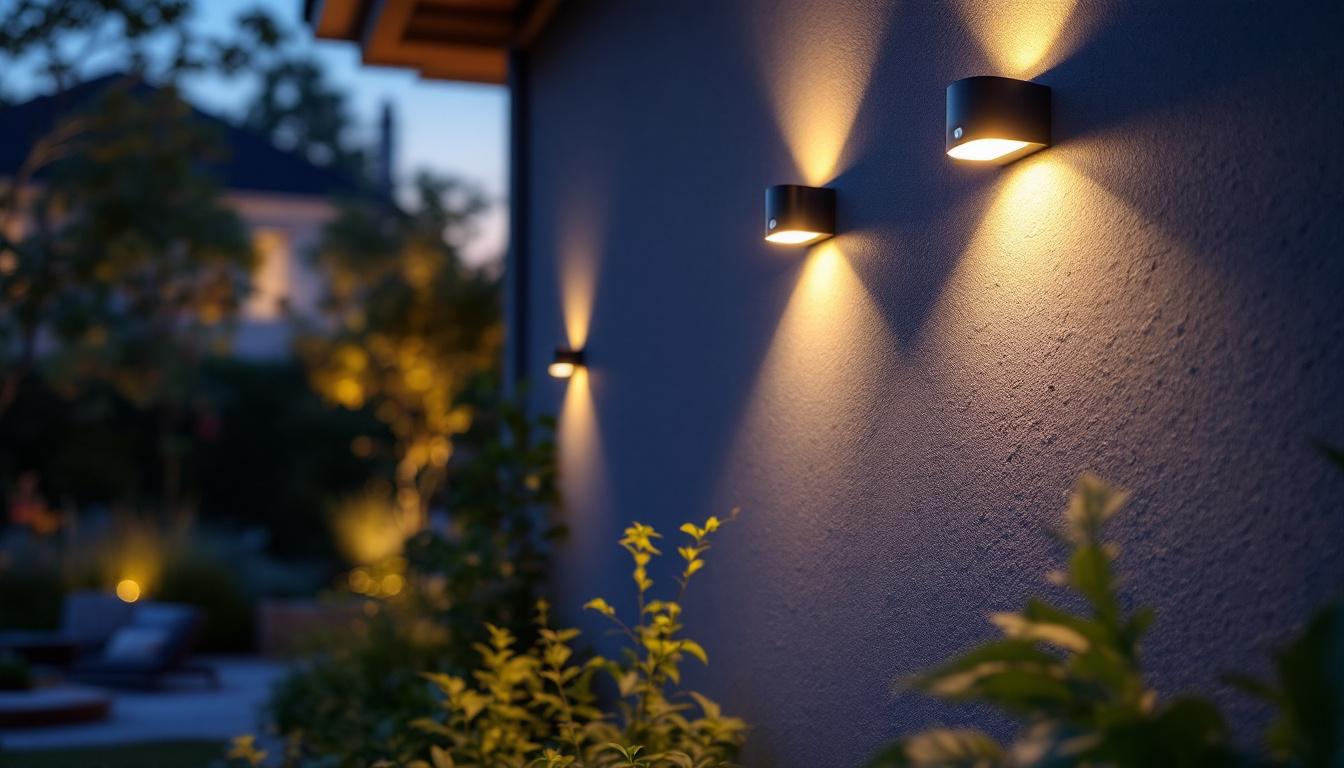 A photograph of a well-lit outdoor space showcasing solar wall lights with sensors in action