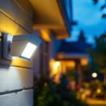 A photograph of a lighting contractor installing motion security lights outdoors