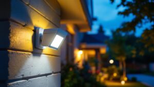 A photograph of a lighting contractor installing motion security lights outdoors