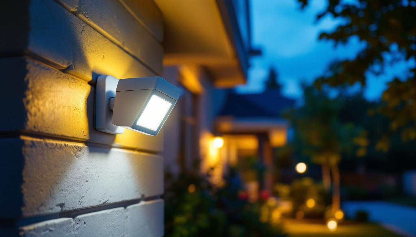 A photograph of a lighting contractor installing motion security lights outdoors