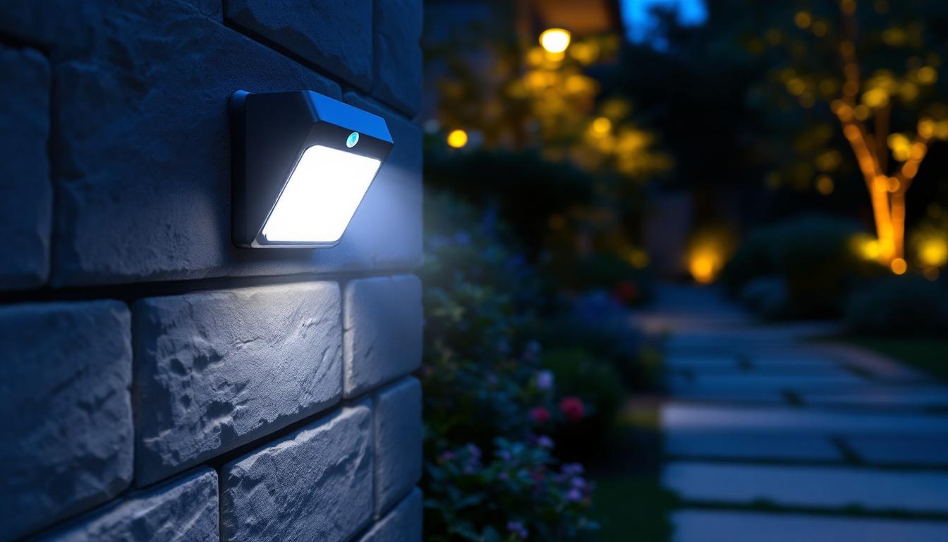 A photograph of a well-lit outdoor space showcasing a motion sensor security light in action
