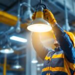A photograph of a lighting contractor installing or showcasing vapor light fixtures in a commercial or industrial setting